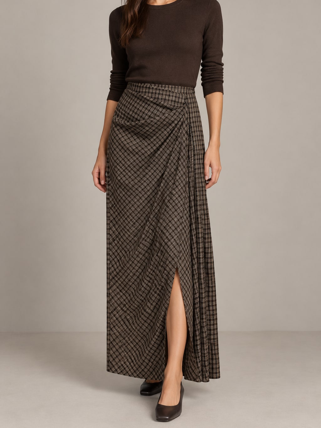 Plaid Draped Maxi Skirt
