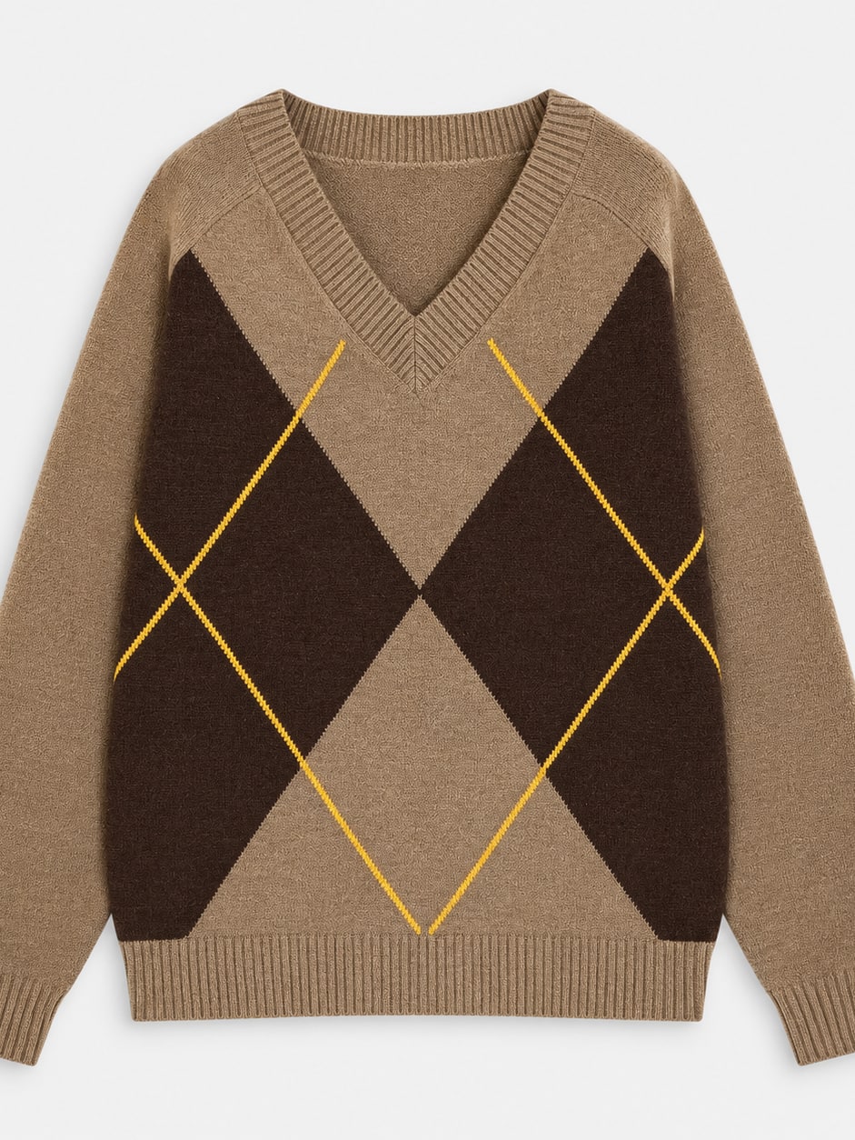 Argyle Knit V-Neck Sweater