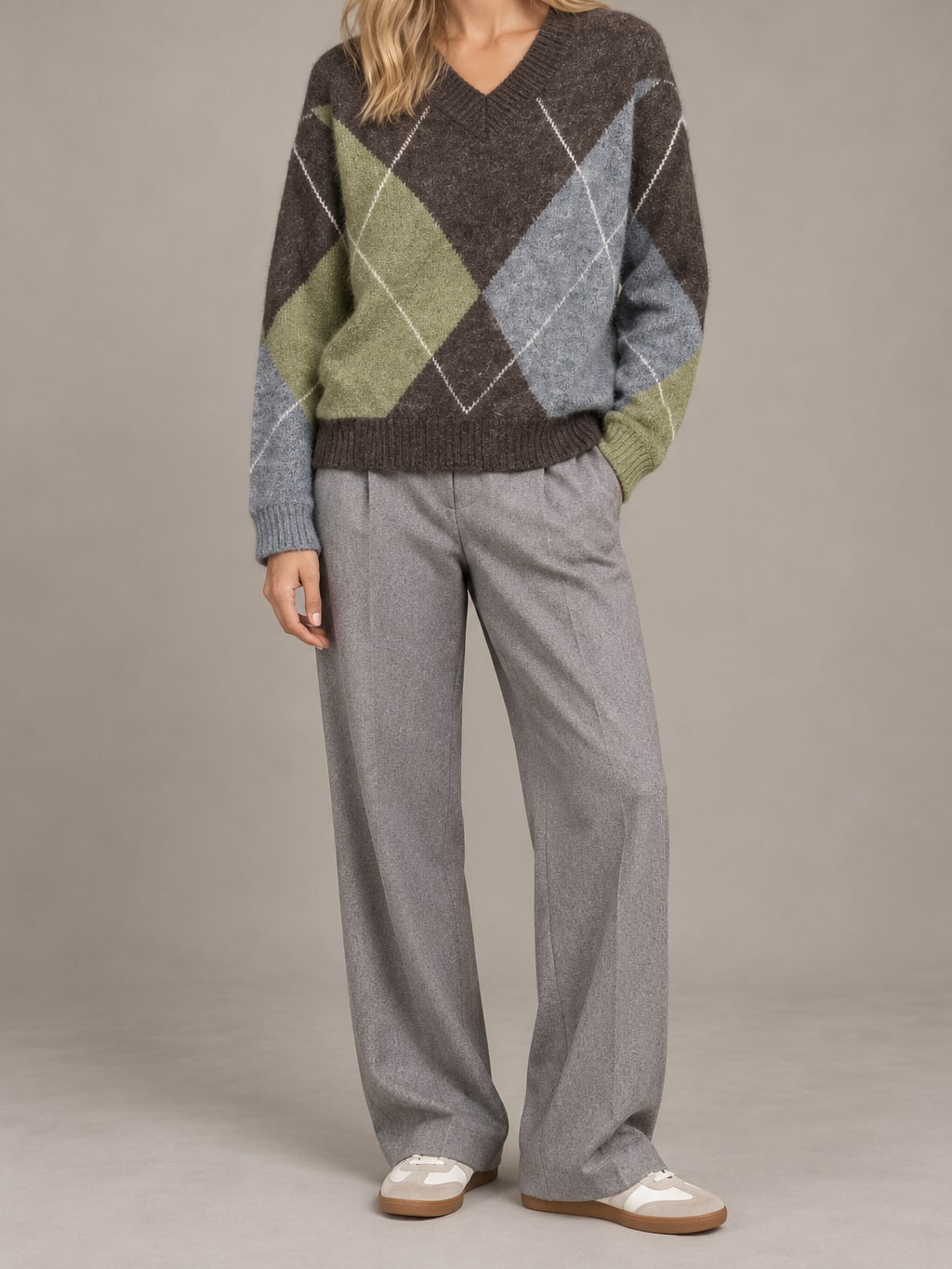 Argyle Knit V-Neck Sweater