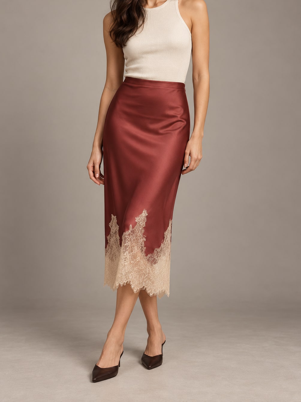 Lace Trim Satin Midi Skirt