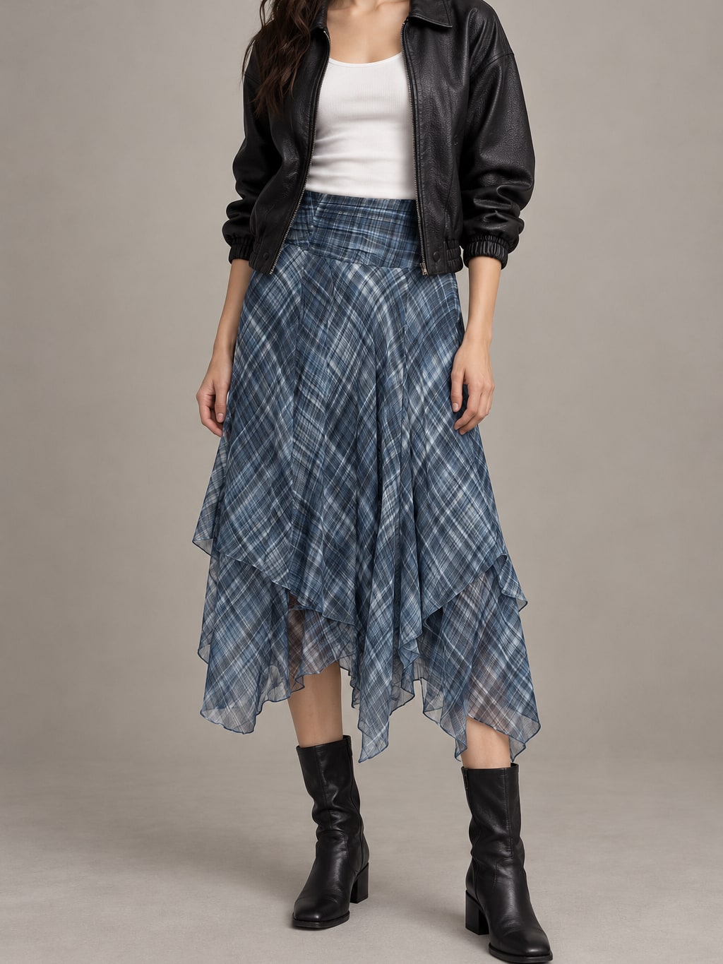Asymmetrical Plaid Midi Skirt