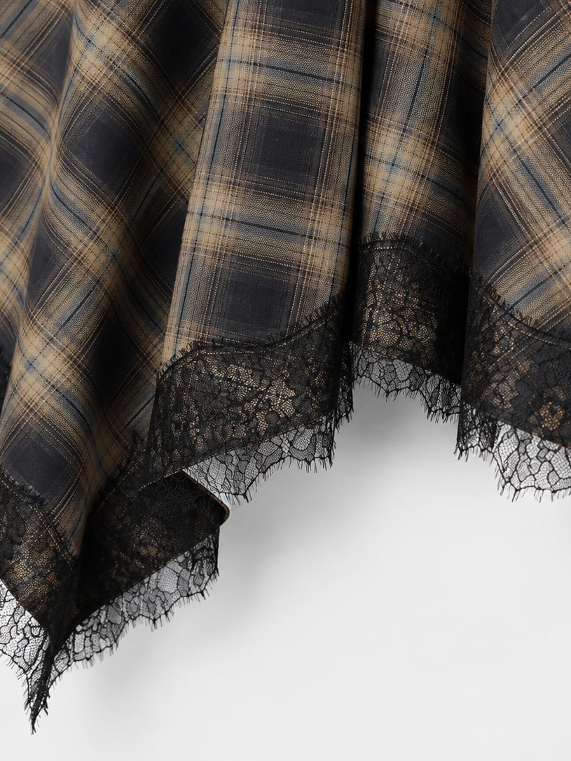 Plaid Lace Trim Midi Skirt