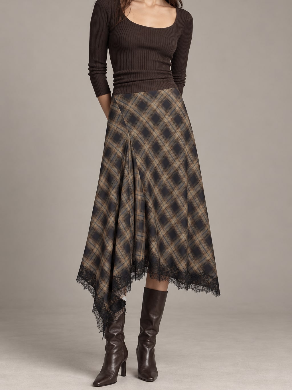 Plaid Lace Trim Midi Skirt