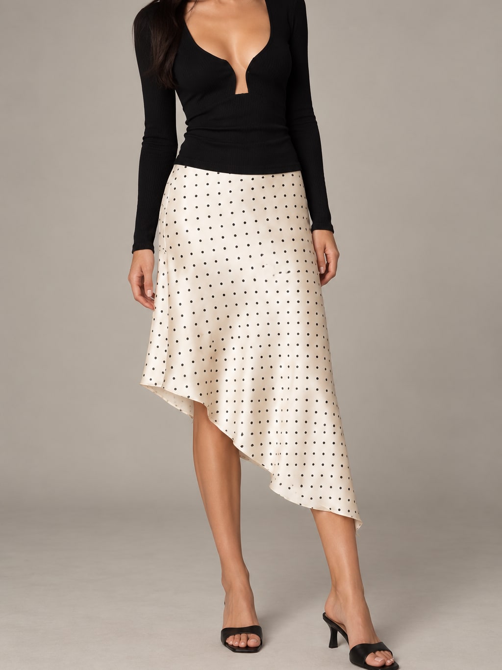 Polka Dot Asymmetrical Midi Skirt