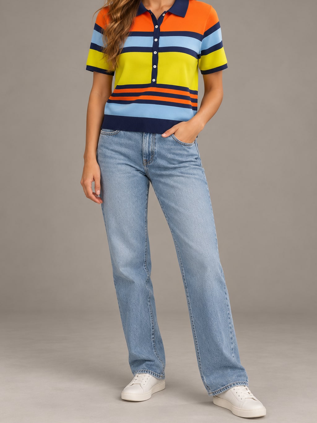 Striped Knit Polo Top