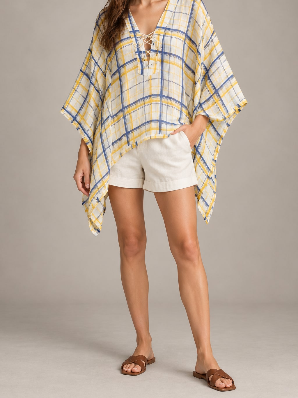 Plaid Lace-Up Poncho Shirt