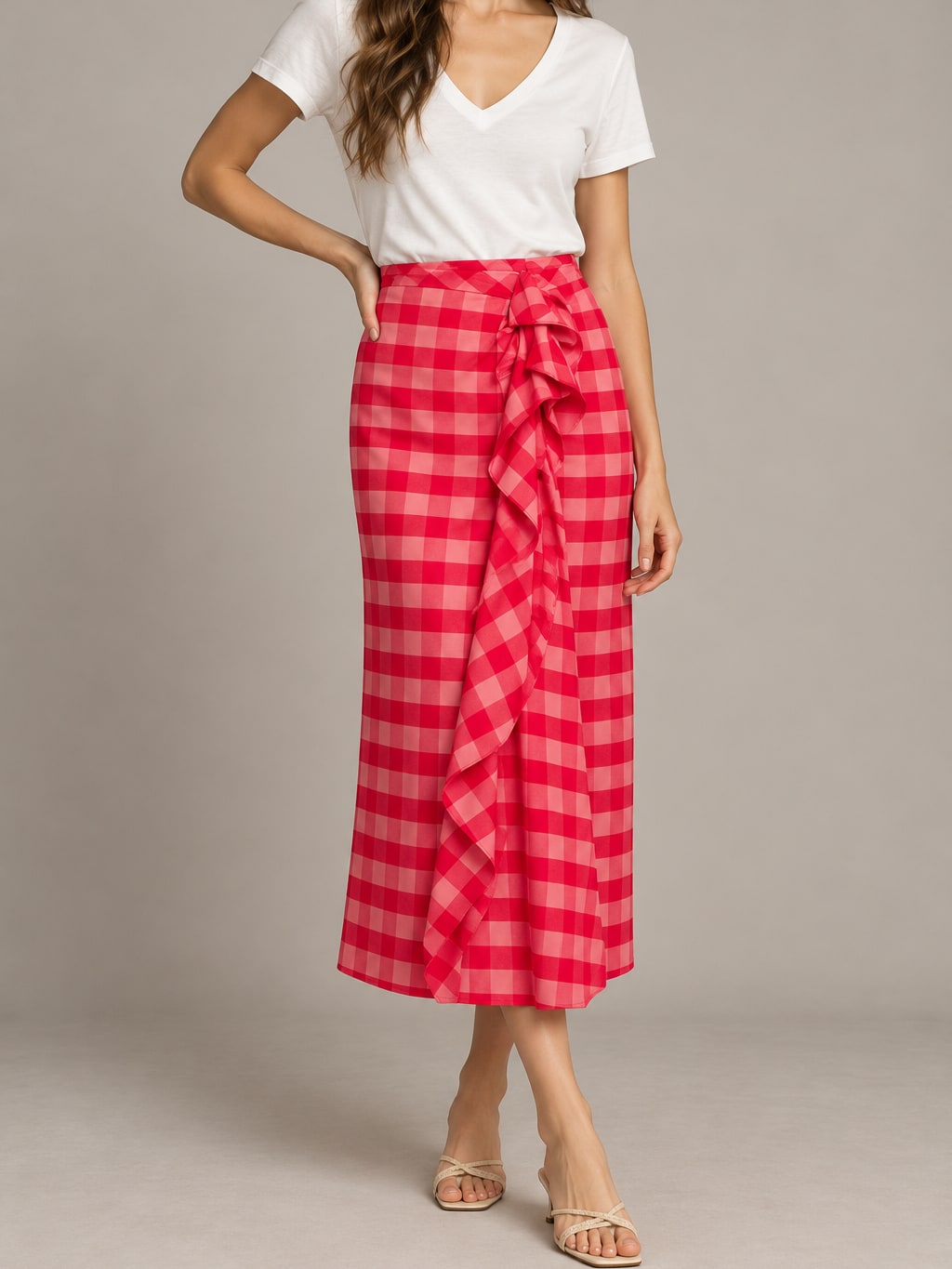 Plaid Ruffle Midi Skirt