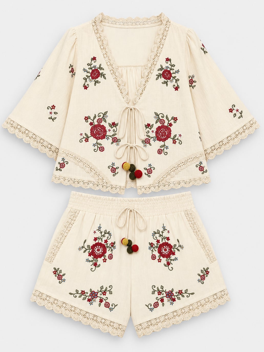 Embroidered Lace Trim Shorts Set