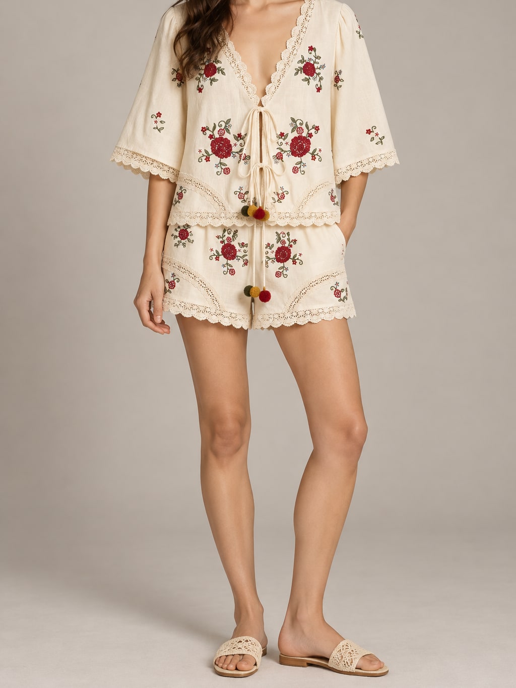 Embroidered Lace Trim Shorts Set