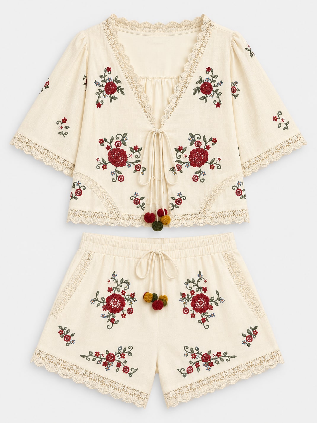 Embroidered Lace Trim Shorts Set