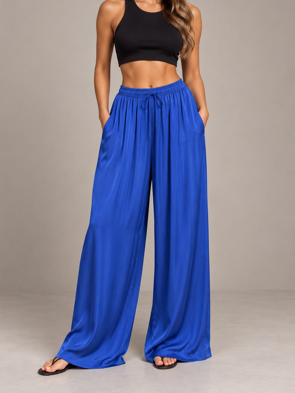 Drawstring Satin Wide Leg Trousers