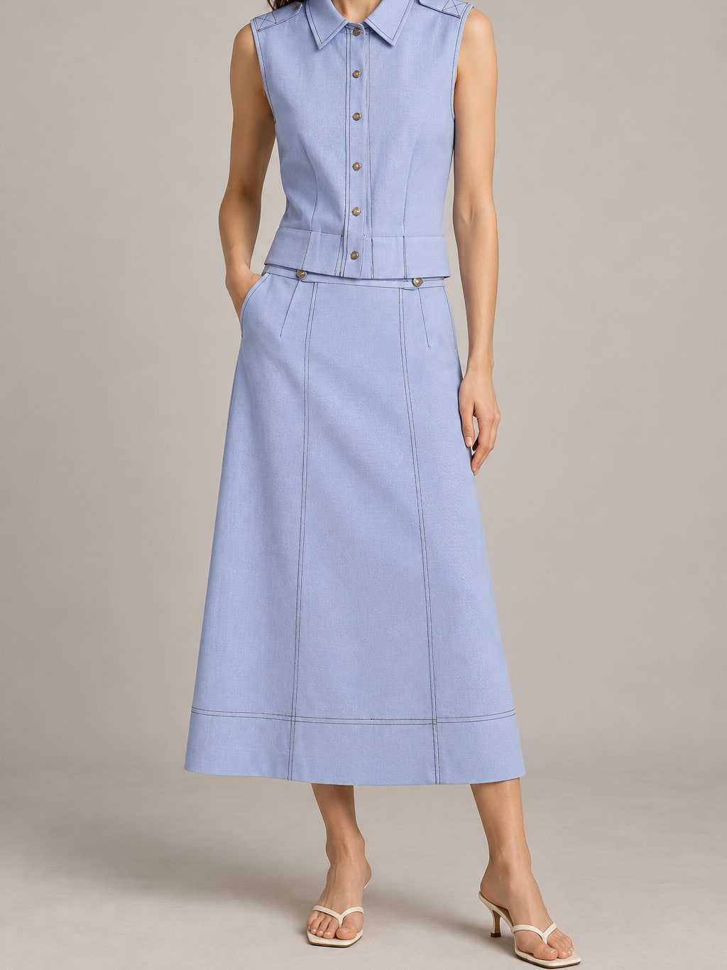 Contrast Stitching Vest And Skirt Set