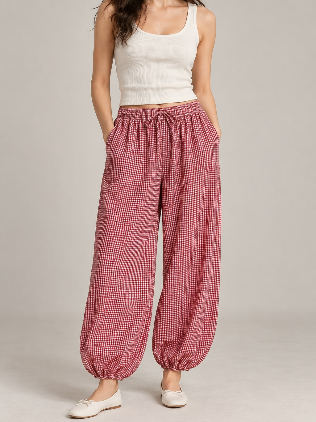 Plaid Drawstring Lantern Trousers
