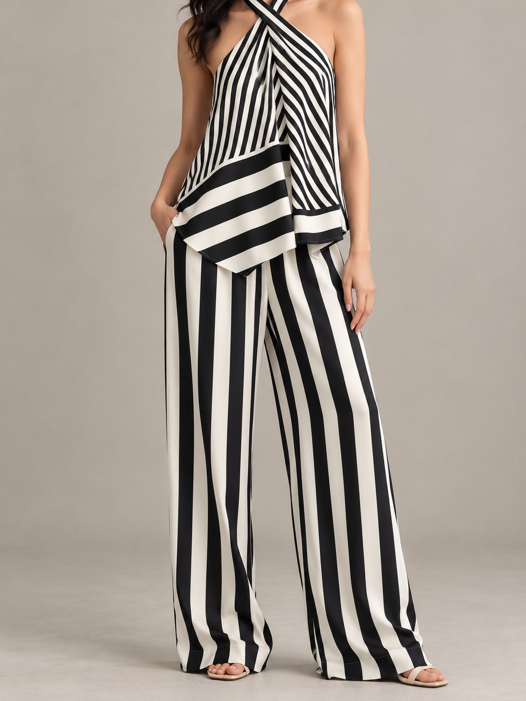 Striped Halter Top And Trousers Set