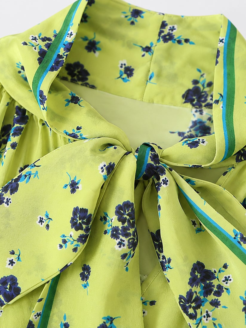 Printed Bow Blouse and Midi Skirt Set