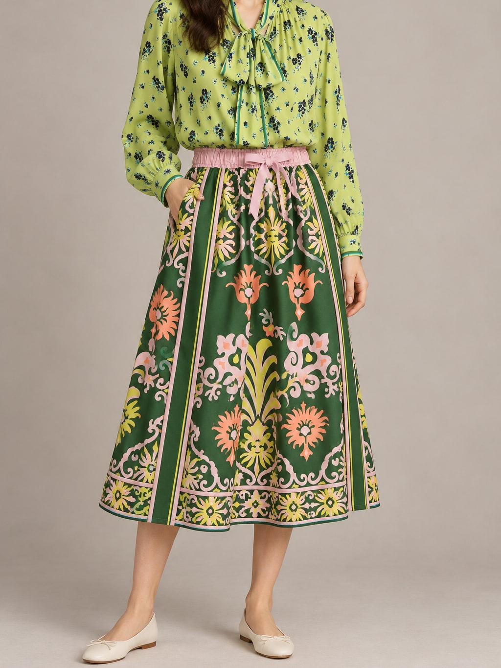 Printed Bow Blouse and Midi Skirt Set