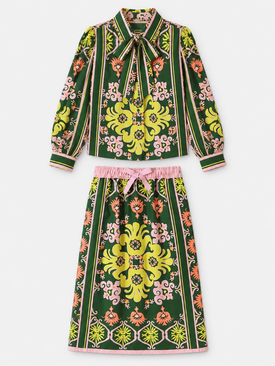 Printed Bow Blouse and Midi Skirt Set