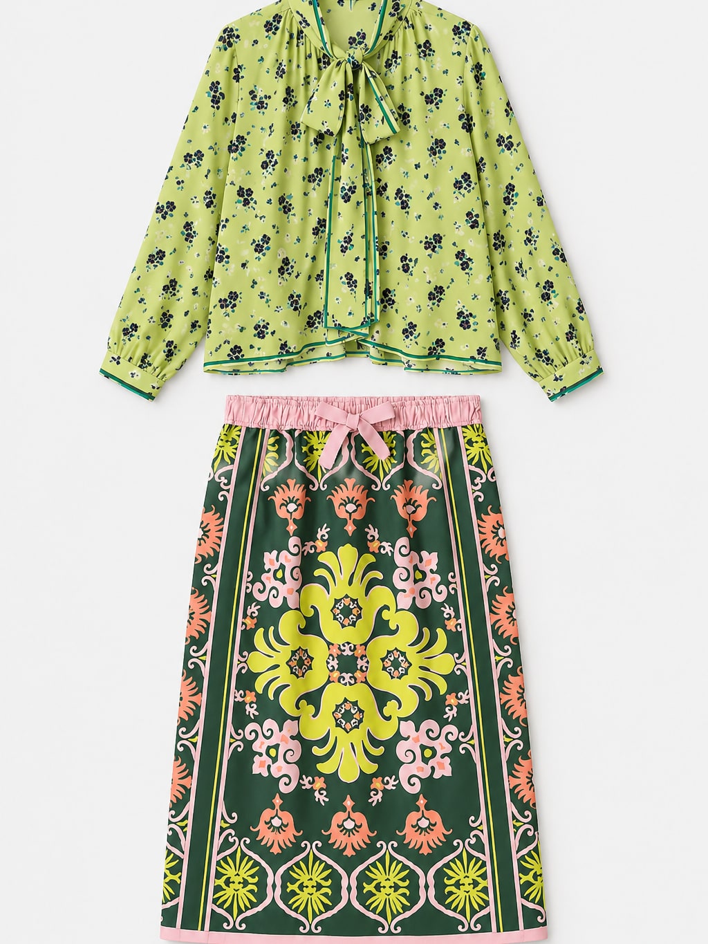 Printed Bow Blouse and Midi Skirt Set
