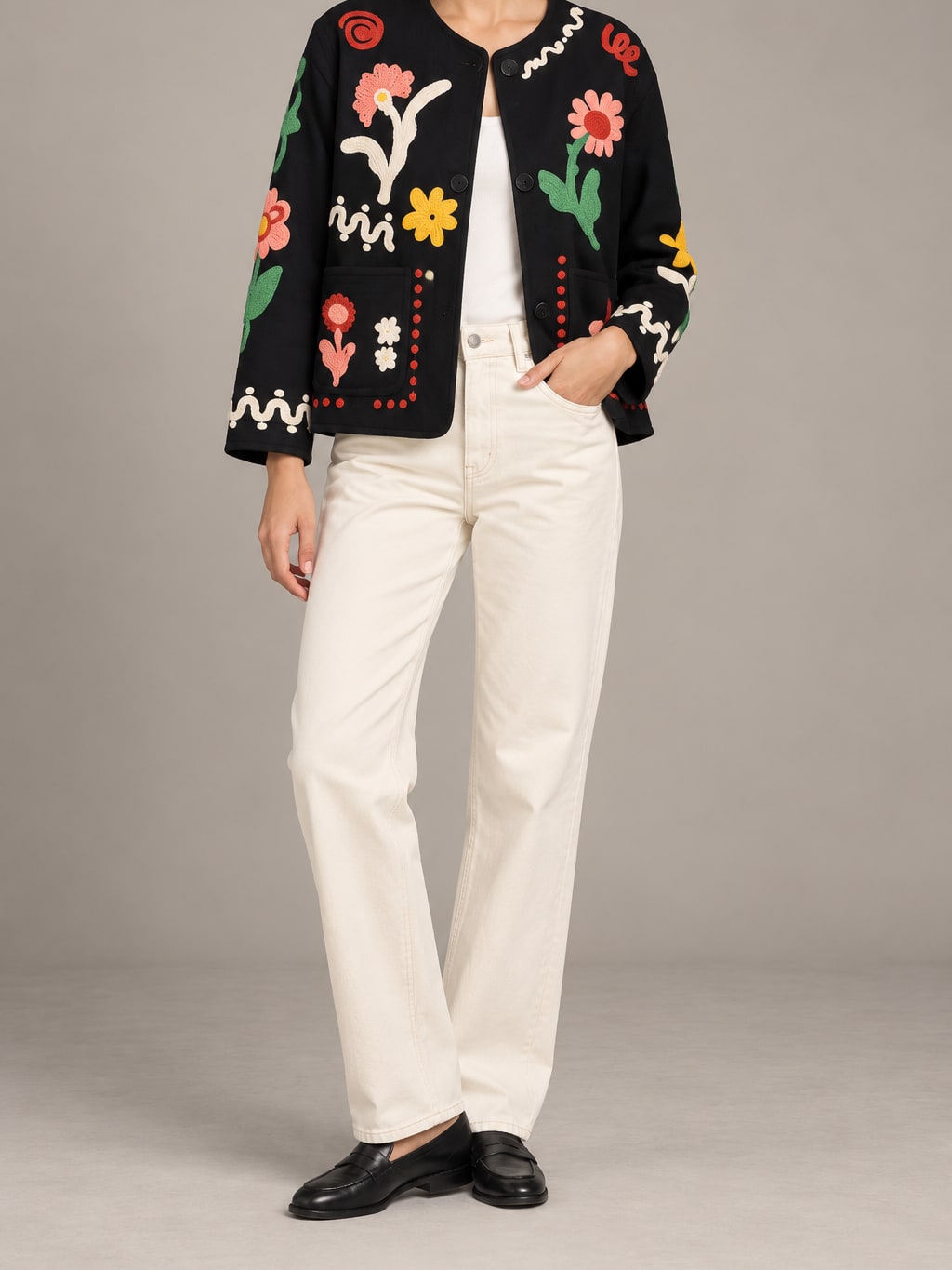 Embroidered Floral Button Jacket