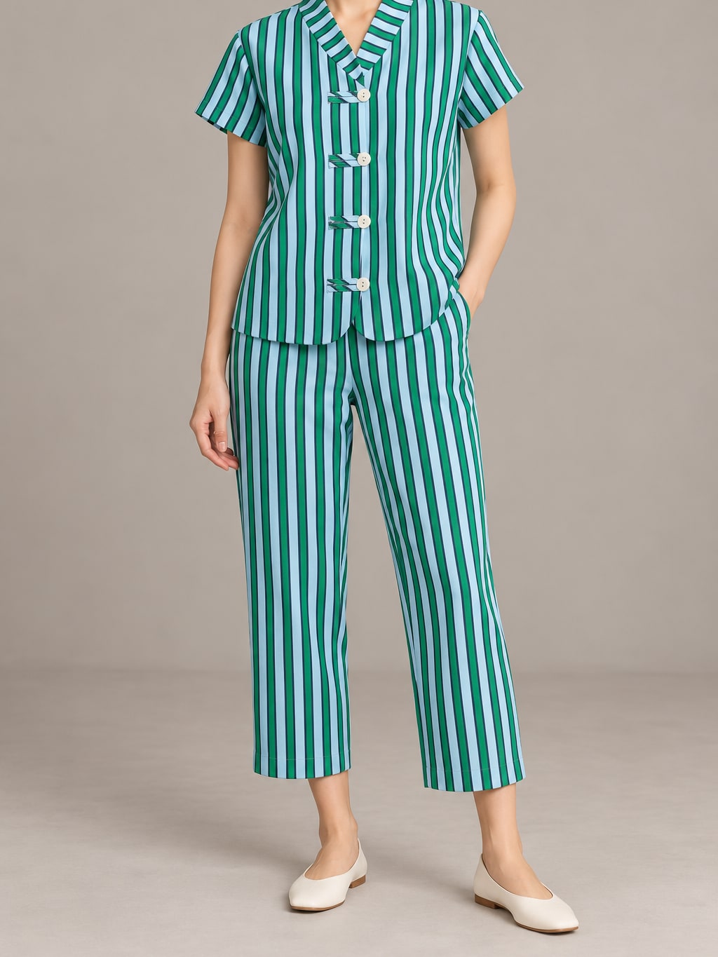 Striped Mandarin Collar Set