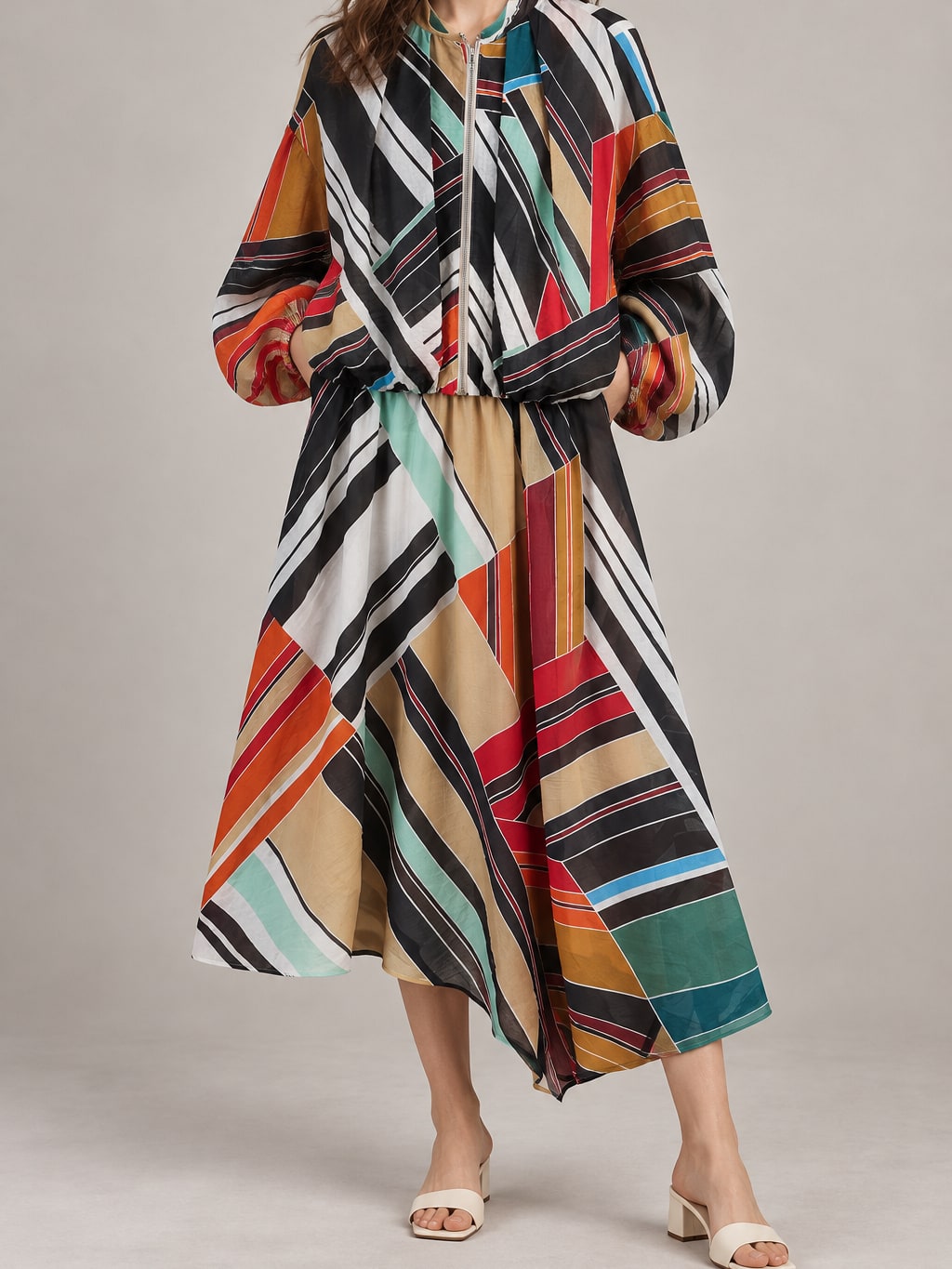 Striped Zip Jacket Skirt Set