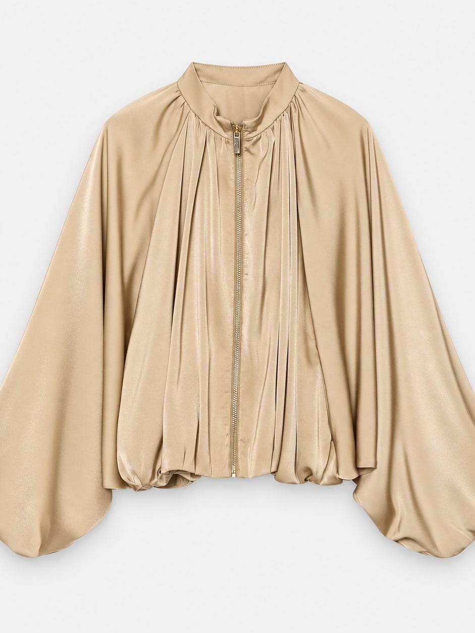 Pleated Satin Bomber Jacket
