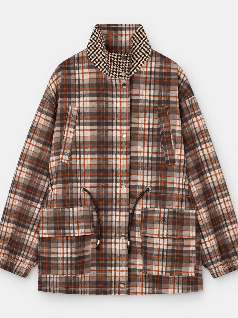 Plaid Stand-Collar Utility Jacket
