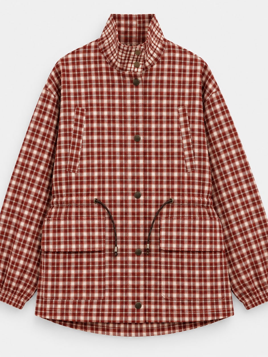 Plaid Stand-Collar Utility Jacket