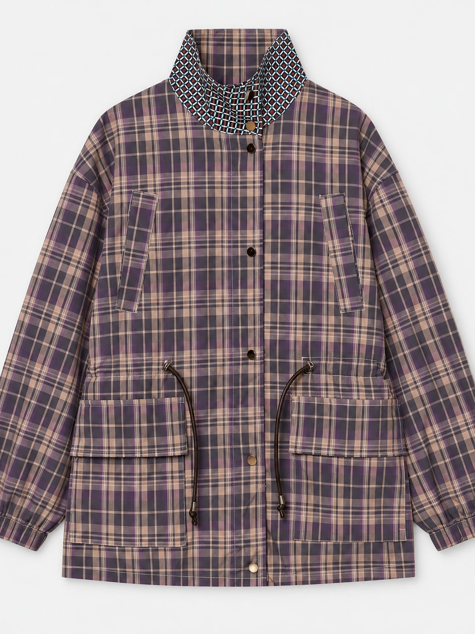 Plaid Stand-Collar Utility Jacket