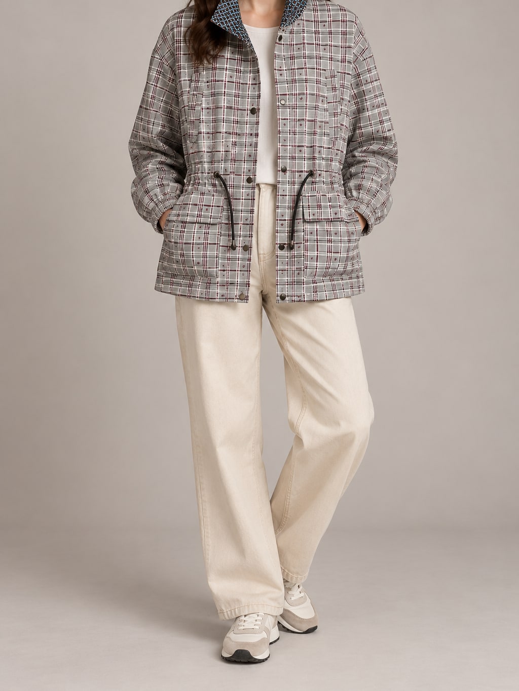 Plaid Stand-Collar Utility Jacket