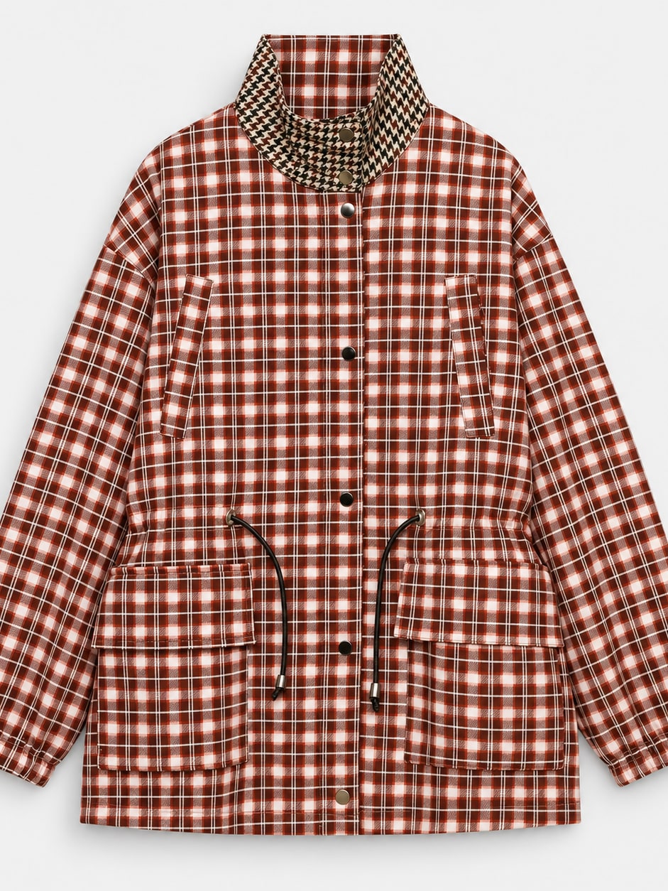 Plaid Stand-Collar Utility Jacket