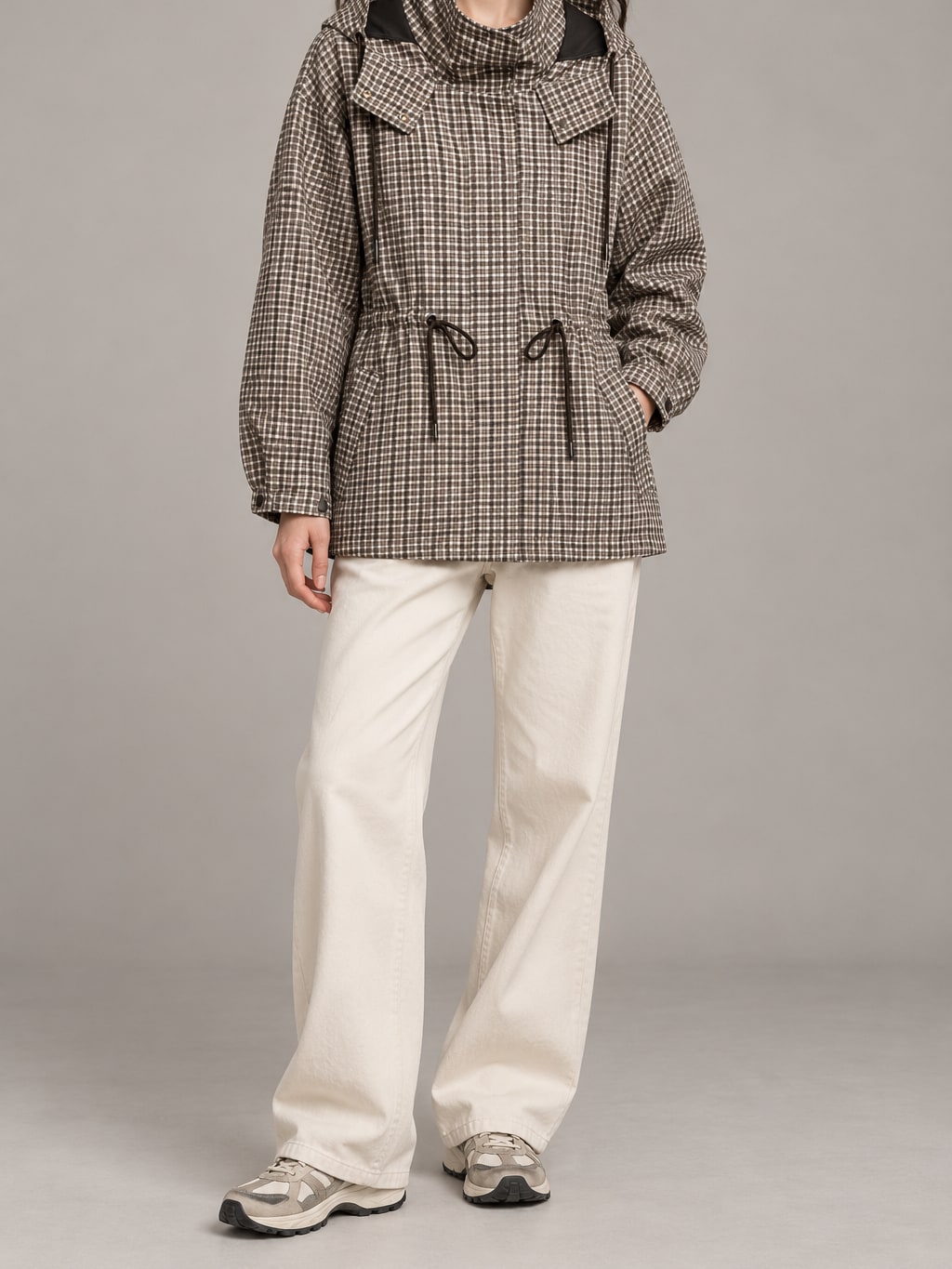 Plaid Hooded Drawstring Jacket